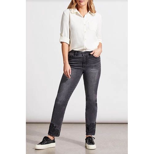 Sofia Straight Ankle Pant w/Fancy Embroidery, Color: Faded Black, Size: 4