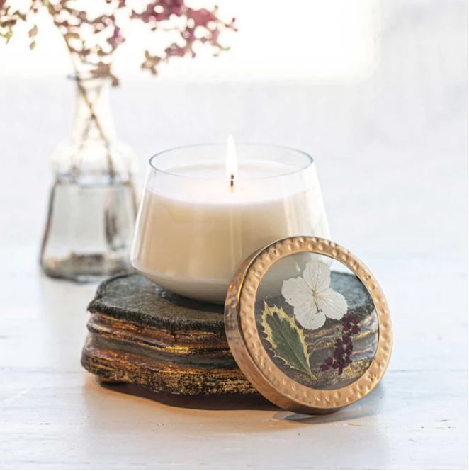 Holiday Medium Pressed Floral Candle, Rosy Rings Fragrance: Red Currant &amp; Cranberry