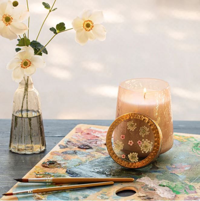 Watercolor Tall Pressed Floral Candle, Rosy Rings Fragrance: Rose + Oud