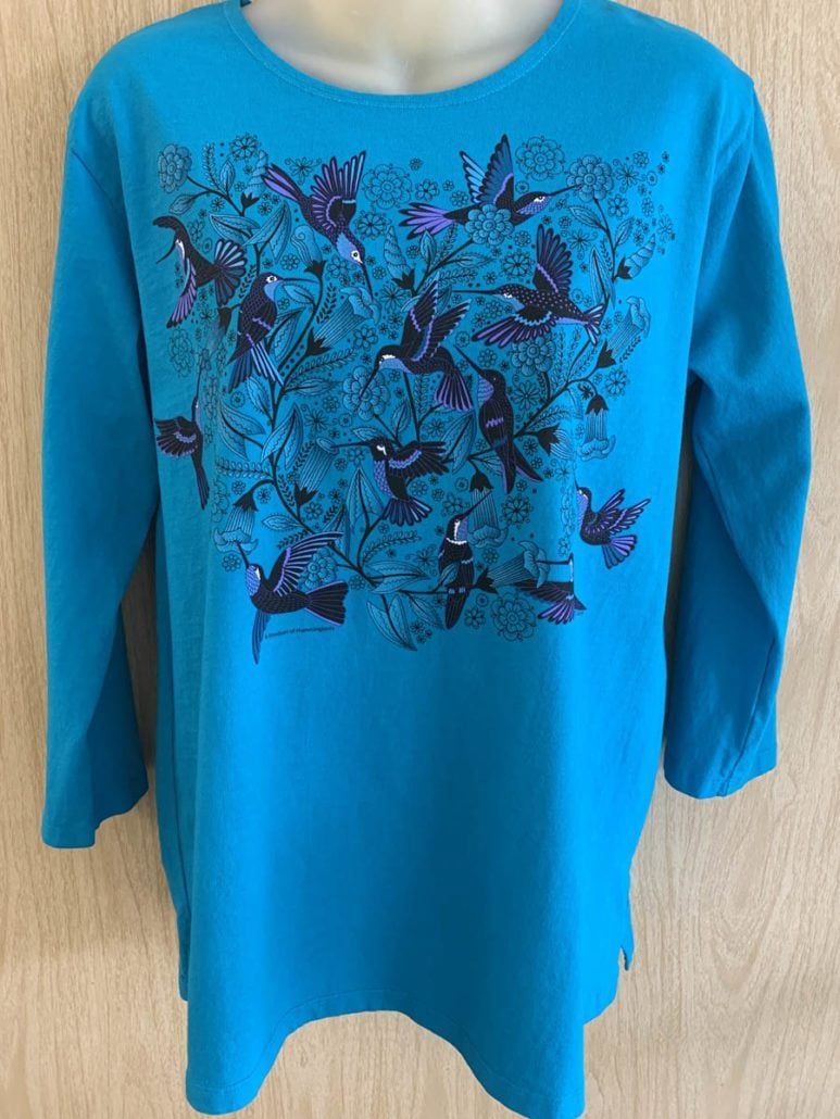 Sabaku Women&#39;s 3/4 Sleeve Top, Bouquet Hummingbirds, Color: Deep Turquoise, Size: 1X