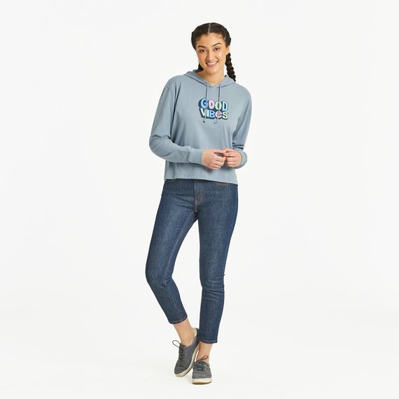 Women&#39;s Good Vibes Hand Drawn Crusher L/S Shirt, Color: Stone Blue, Size: L