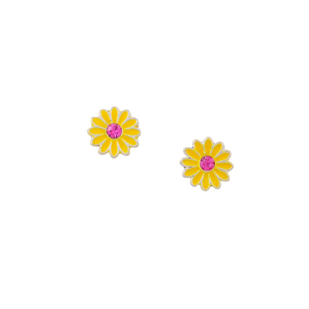Loves Me Daisy Studs - Yellow Enamel &amp; Pink Crystal, Color: Silver