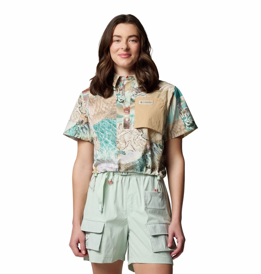 Cove Beach Printed Woven Cropped Women&#39;s Shirt, Color: Cool Green Coastal, Size: XS