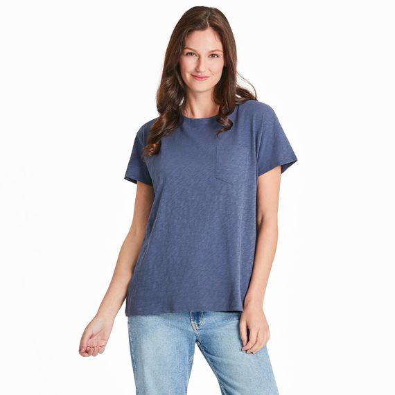 Women&#39;s Solid Slub Easy Fit Pocket Tee Shirt, Color: Darkest Blue, Size: S
