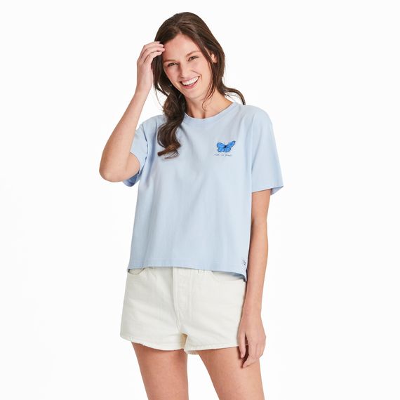 Women&#39;s Relaxed Pure Magic Butterflies Short Sleeve Tee Shirt, Color: Glacier Blue, Size: XS