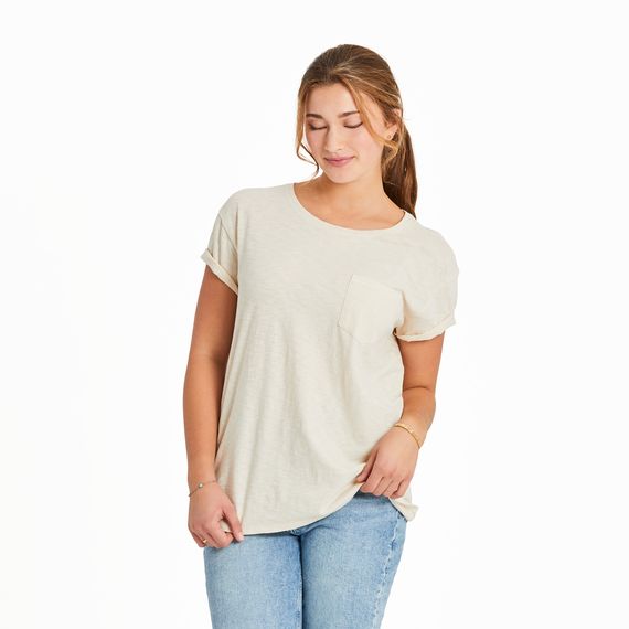Women&#39;s Solid Slub Easy Fit Pocket Tee, Color: Putty White, Size: XS