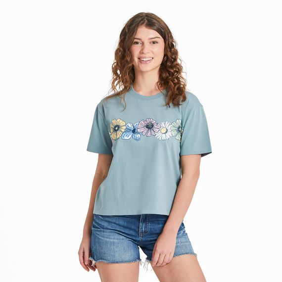 Women&#39;s Detailed Row Of Wildflowers Short Sleeve Shirt, Color: Smoky Blue, Size: XS