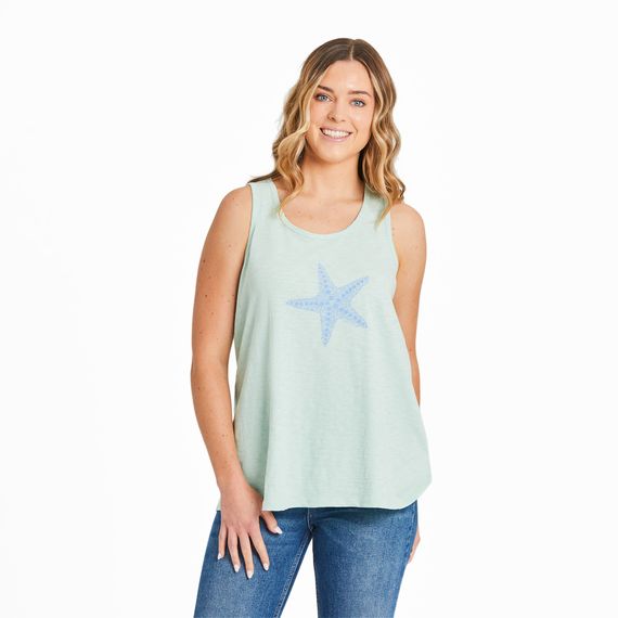 Women&#39;s Watercolor Starfish Textured Slub Tank Top, Color: Sage Green, Size: M