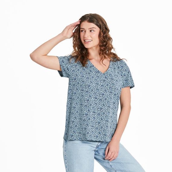 Women&#39;s Leopard Paw Pattern Crusher-Lite Short Sleeve VNeck Tee Shirt, Color: Smoky Blue, Size: XS