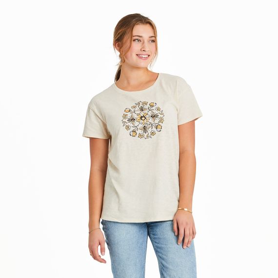Women&#39;s Floral Bee Mandala Slub Easy Fit Short Sleeve Shirt, Color: Putty White, Size: S