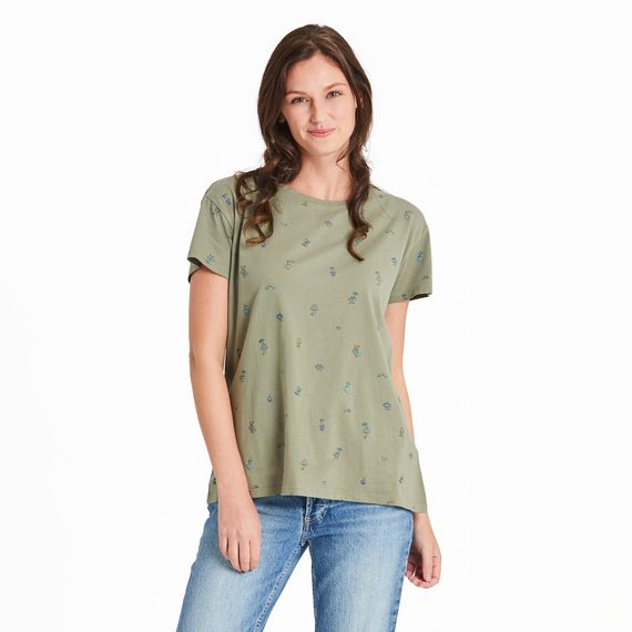 Women&#39;s Hippie Mushroom Pattern Crusher Short Sleeve Shirt, Color: Moss Green, Size: S
