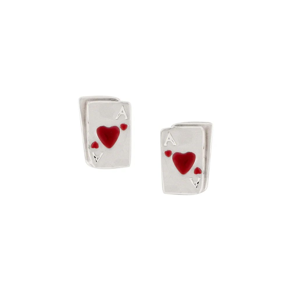 Ace of Hearts Studs in White &amp; Red Enamel, Color: Silver
