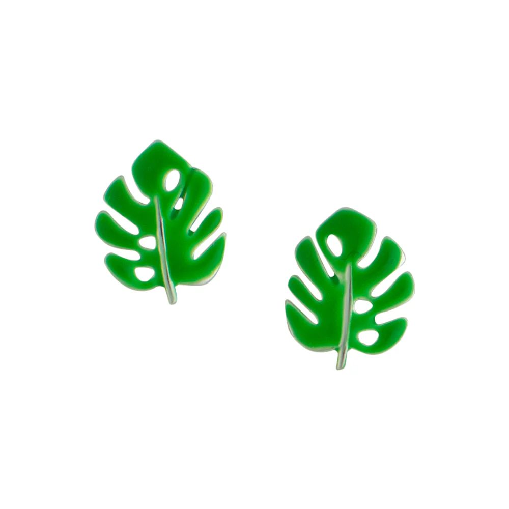 Green Monstera Studs, Color: Silver