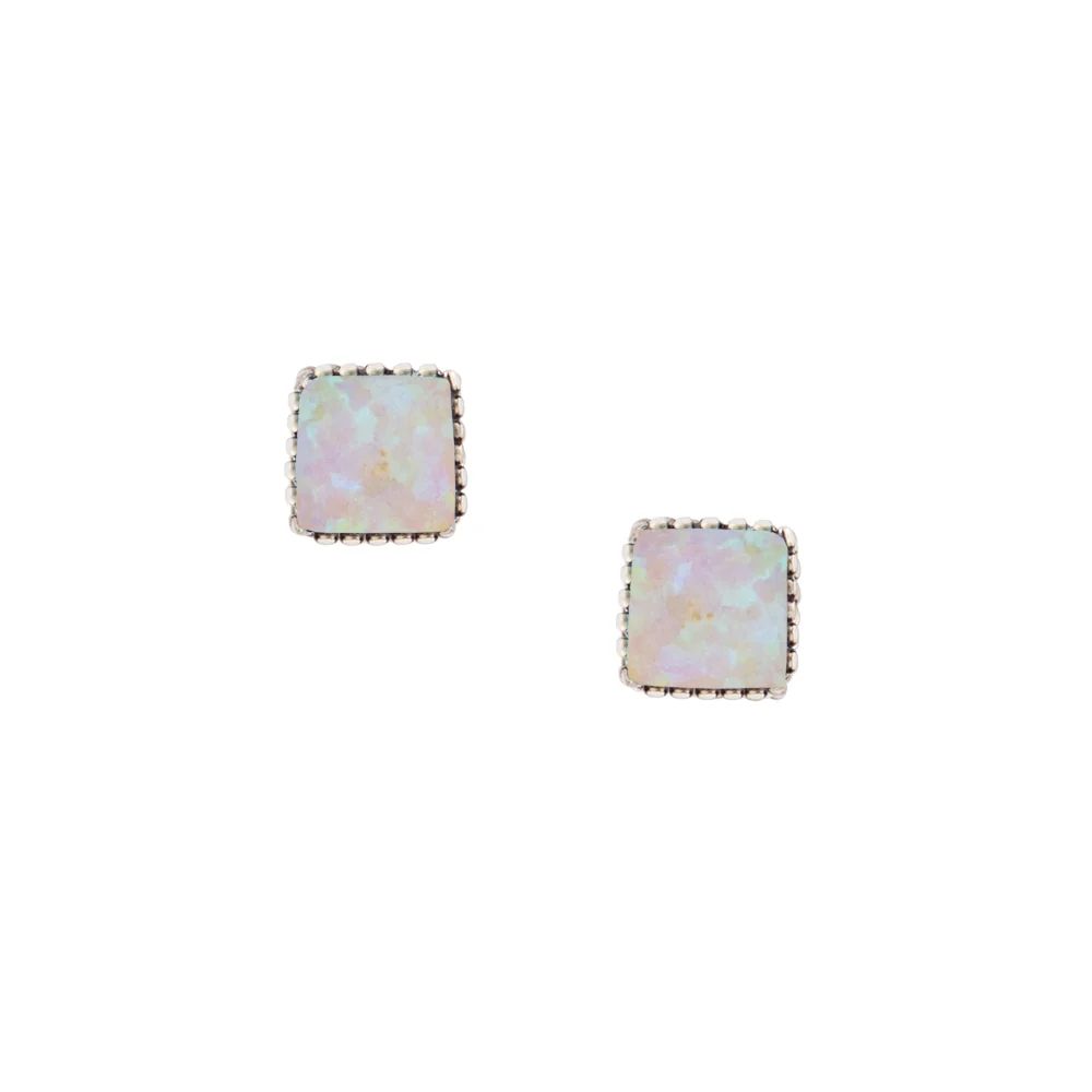 Notched Bezel Opal Studs - Square, Color: Silver