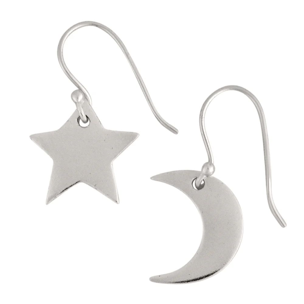 Star &amp; Moon Hook Earrings, Color: Silver