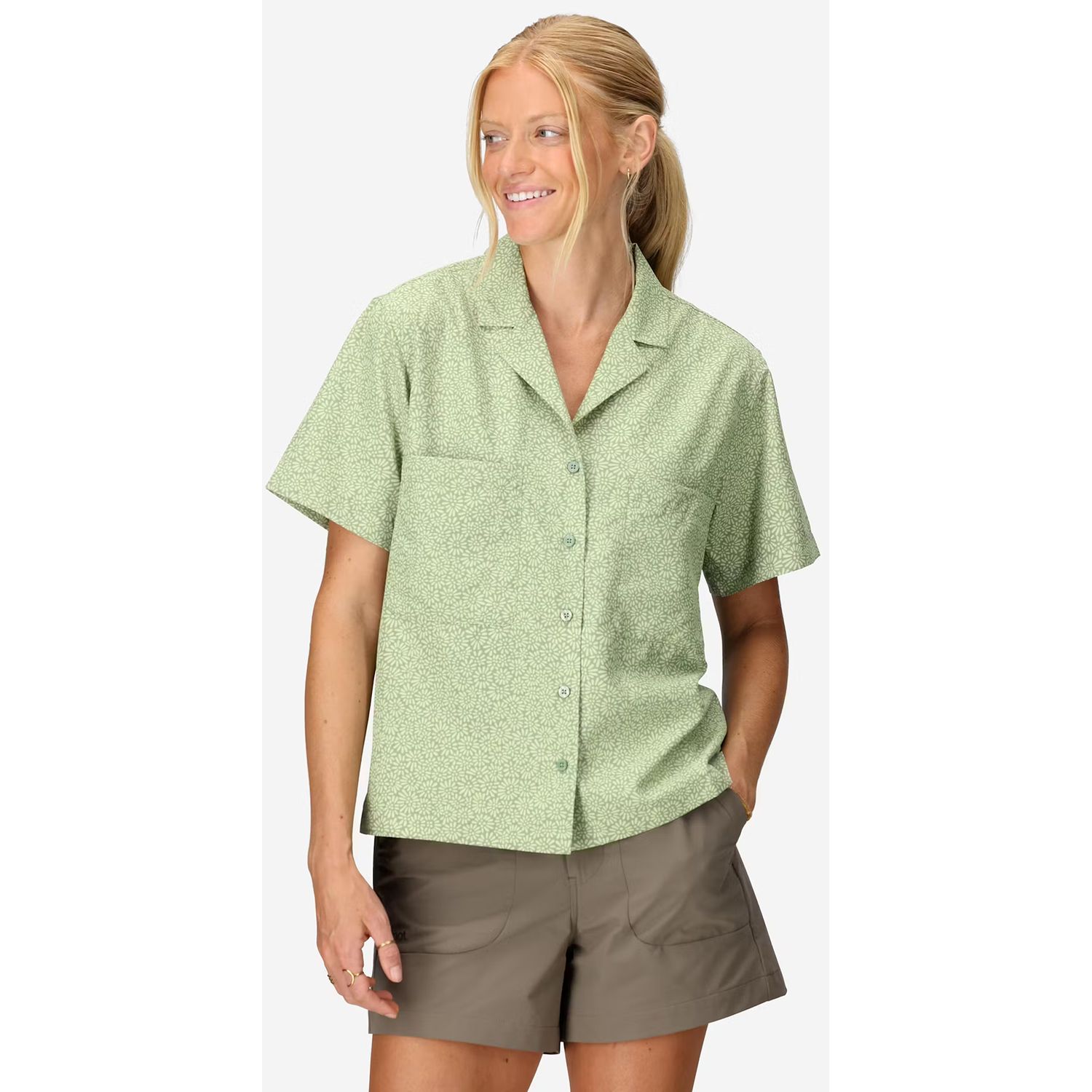 Women&#39;s AirExchange SolarShield Camp Novelty SS Shirt, Color: Agate Green Mini Bloom, Size: XS
