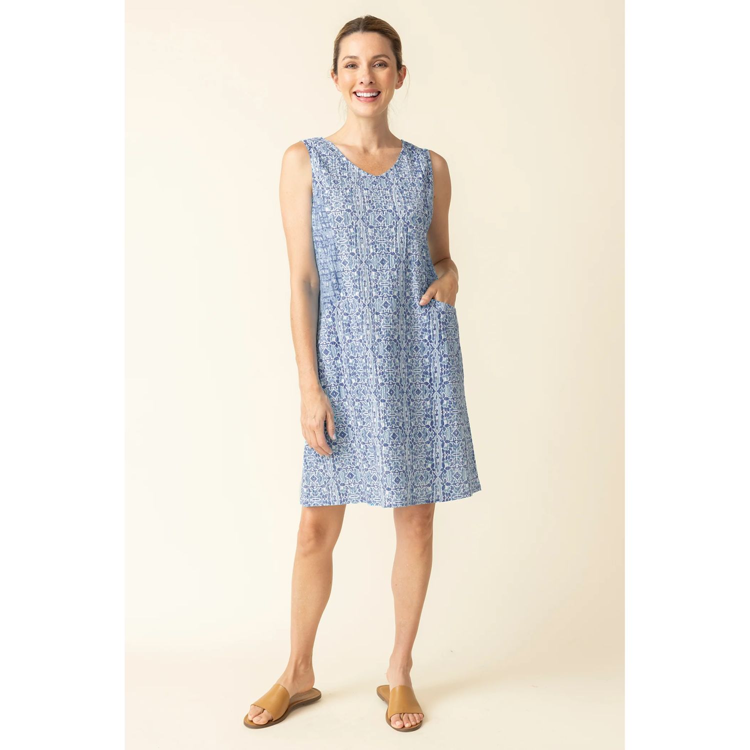 Crinkle Cotton Miami Mix Easy Pocket Dress, Color: Rain, Size: XS