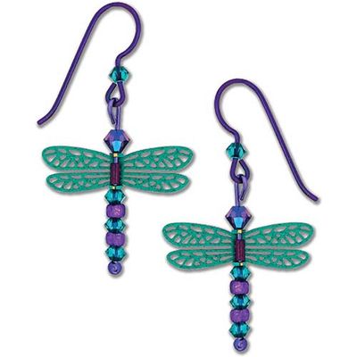 Green &amp; Purple Dragonfly with Bead Earrings