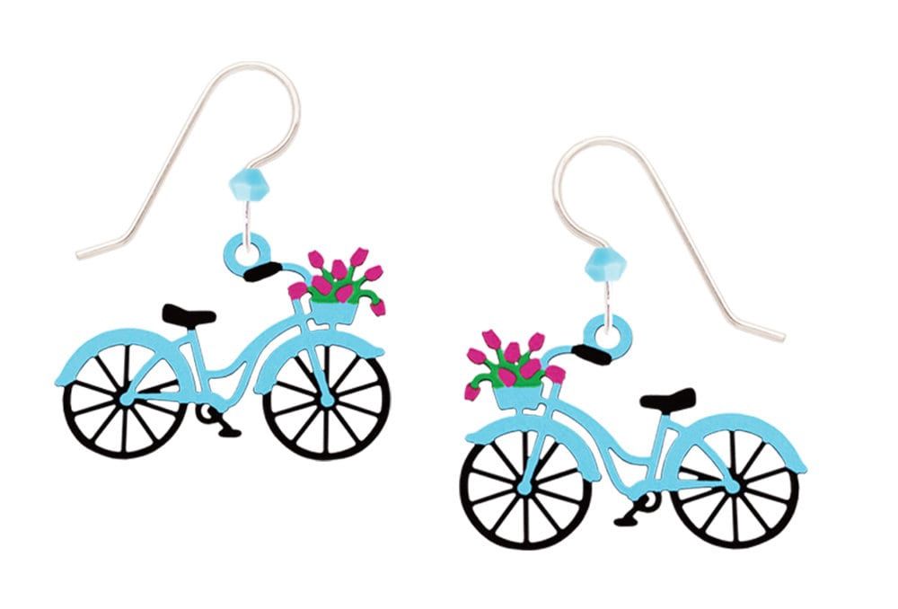 Blue Bike W/flower Basket Earrings