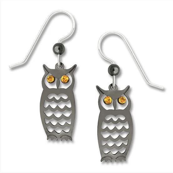 Hematite-look Owl w/Topaz Crystal Earrings