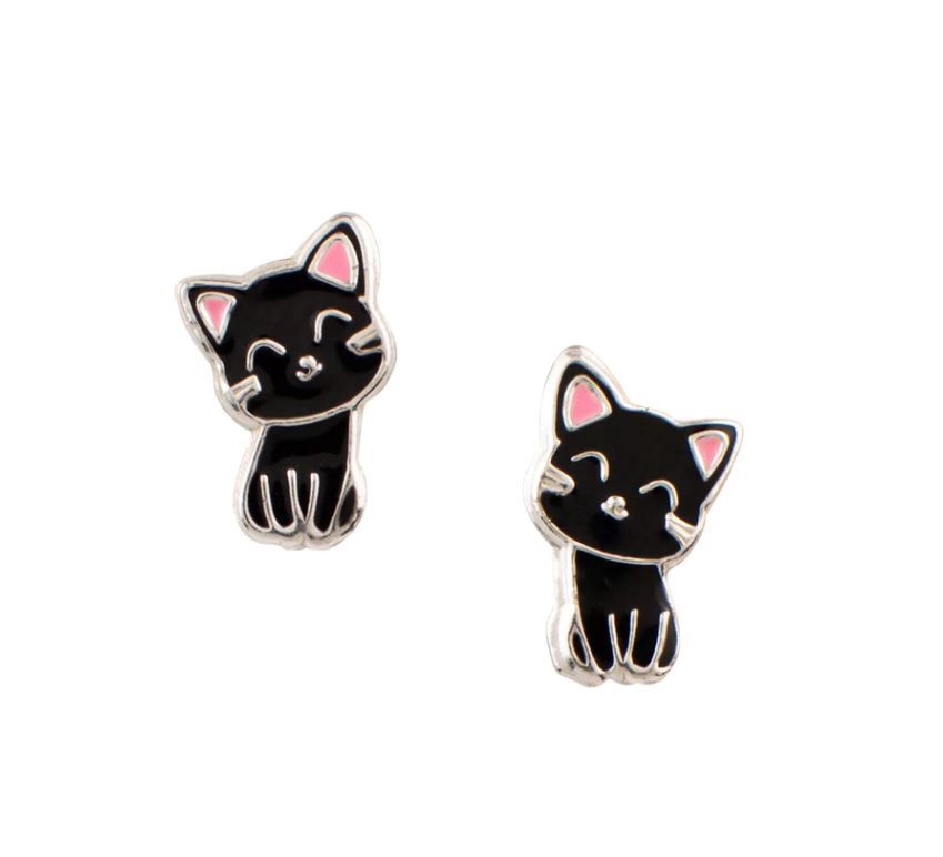 Black Sitting Kitty Studs-Enamel