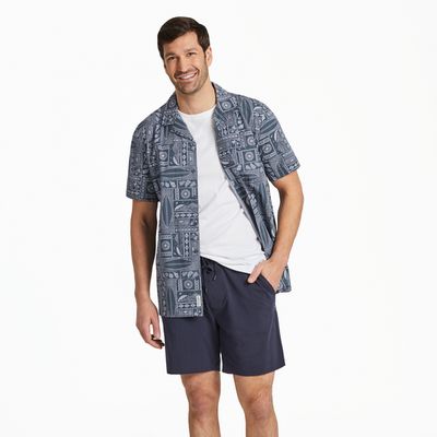 Men&#39;s Beach Woodblock Pattern Camp Shirt