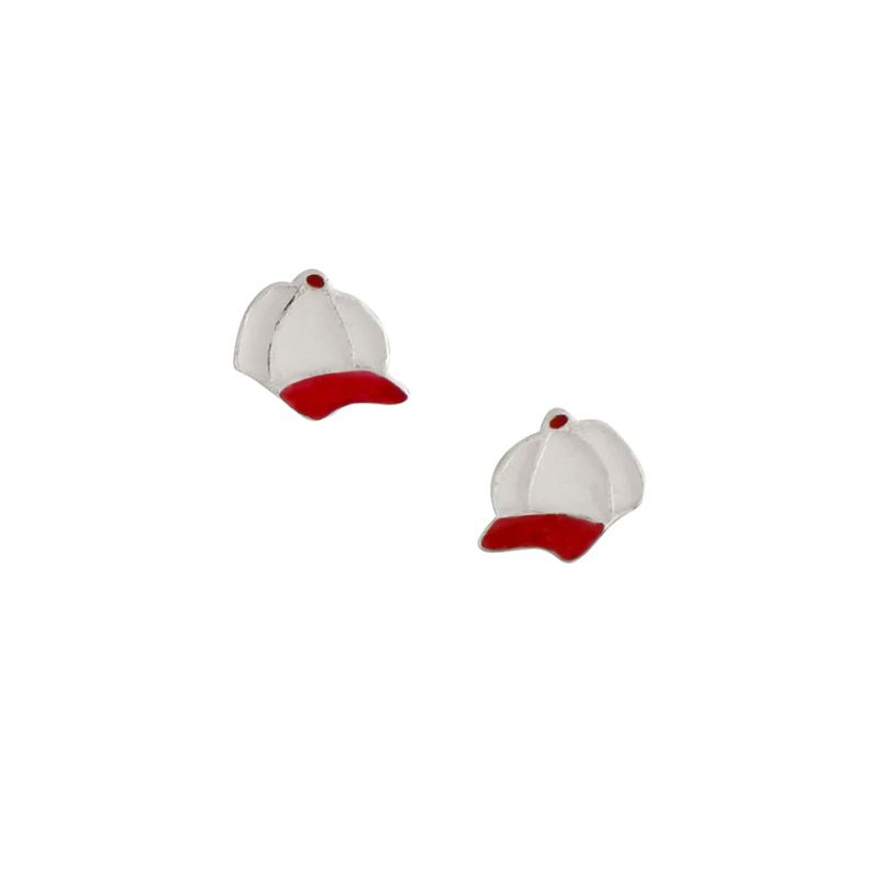 Baseball Cap in White &amp; Red Enamel Post Earrings