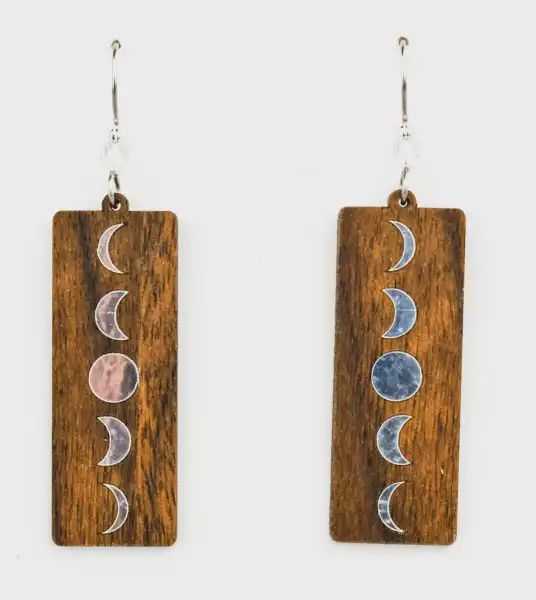 Moon Phases Rectangle Twig Earring-Walnut