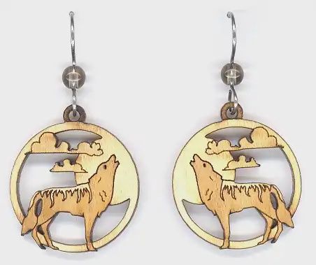 Wolf in Moon w/Smoky Quartz Earring-Maple