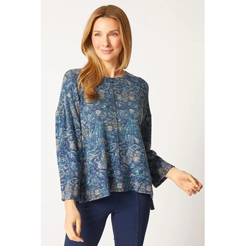 Super Soft Fleece Printed Rib Trim 3/4 Slv Boxy Crew, Color: Ink, Size: XS