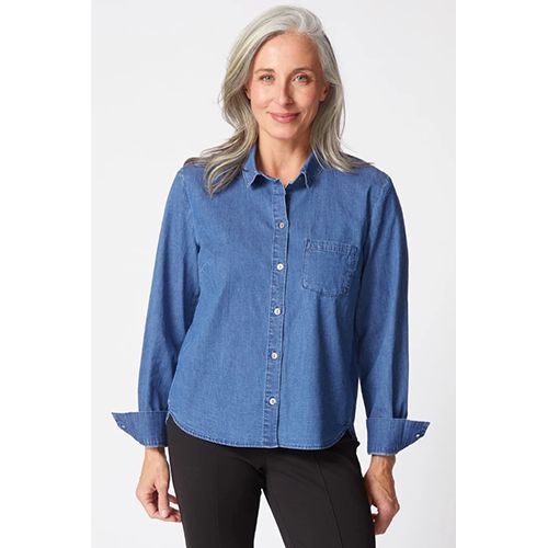 Perfect Travel Denim Shaped Hem Shirt, Color: Medium Denim, Size: XS