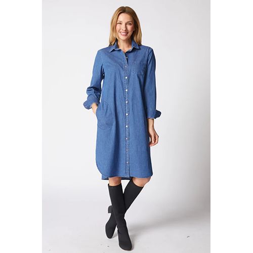 Perfect Travel Denim Cafe Midi Dress, Color: Medium Denim, Size: XS