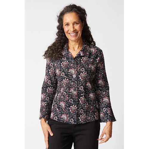 Floral Block Print Flounce Jacket, Color: Black, Size: XS