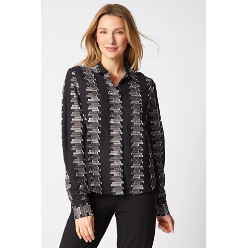 Embroidered Cotton Shaped Hem Shirt, Color: Black, Size: XS
