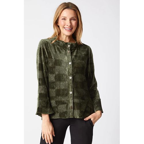 Crinkle Velvet Flounce Shirt, Color: Forest, Size: XS