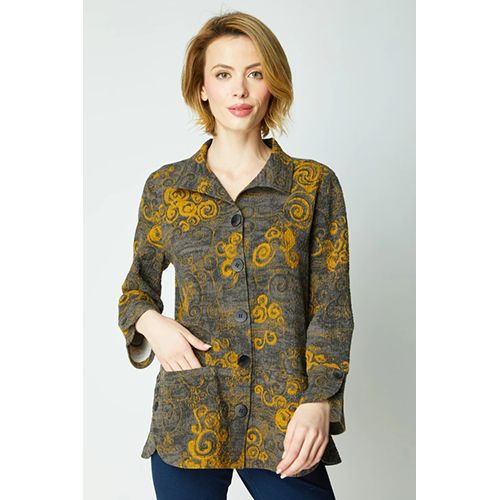 Crinkle Crepe Japanese Woodblock Tulip Swing Jacket, Color: Black, Size: XS