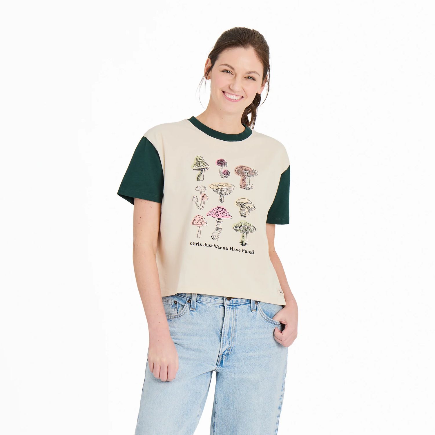 Women&#39;s Girls Just Wanna Have Fungi Short Sleeve Boxy Tee Shirt, Color: Putty White, Size: XS