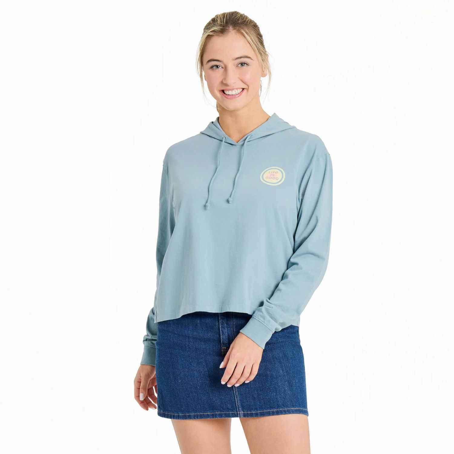 Women&#39;s Radiating Sun Crusher Boxy Hoodie, Color: Smoky Blue, Size: Small