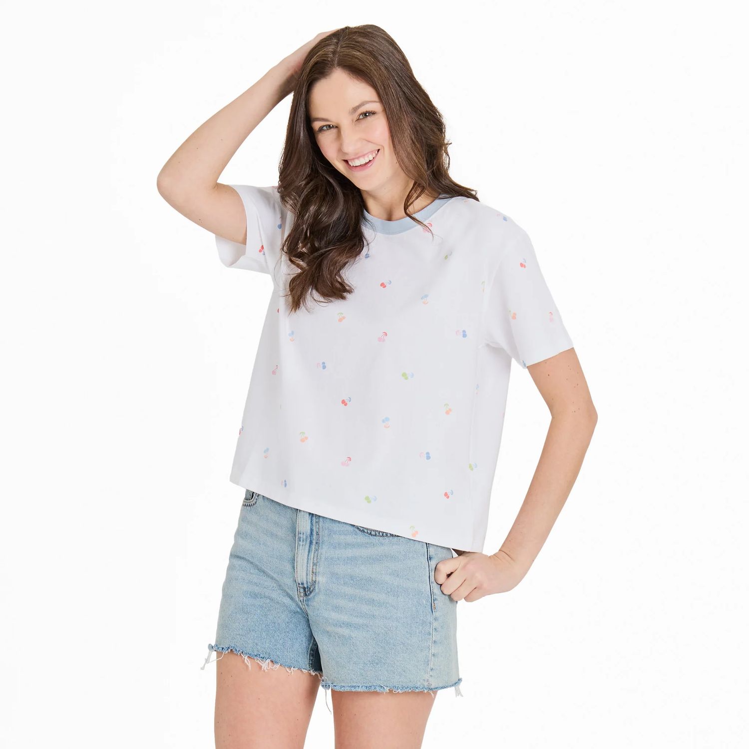 Women's Cherry Pattern Short Sleeve Boxy Tee Shirt, Color: Cloud White, Size: Large