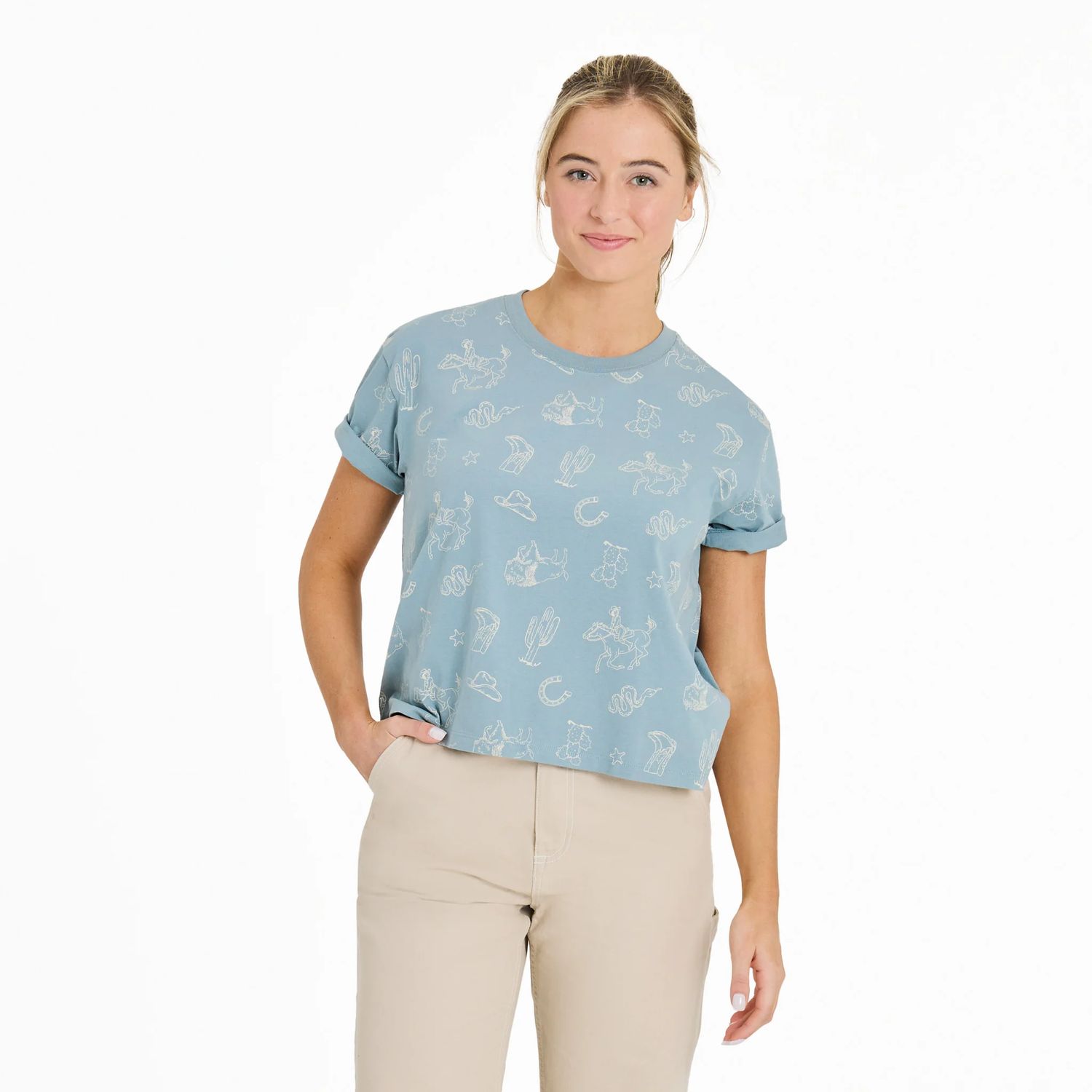 Women&#39;s West Is Best Pattern Short Sleeve Boxy Tee Shirt, Color: Smoky Blue, Size: Small
