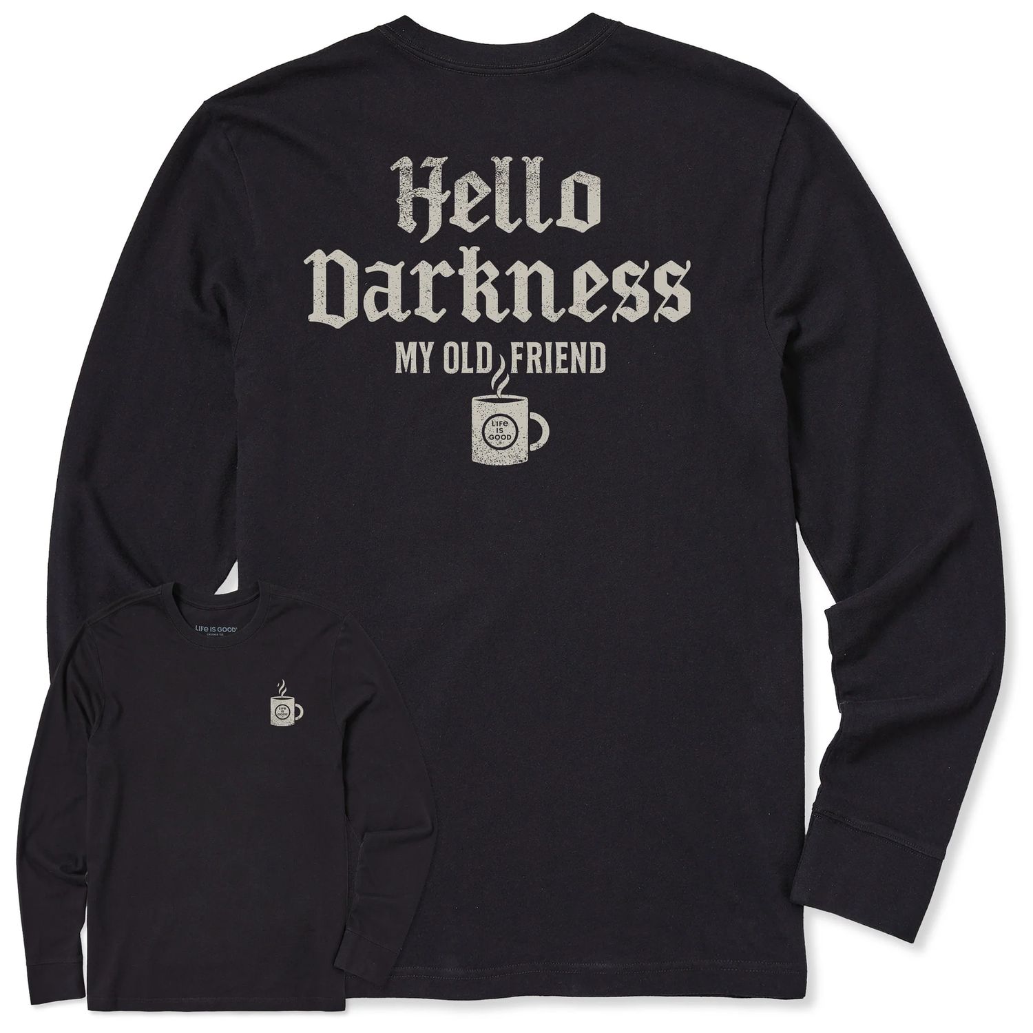 Men's Hello Darkness Coffee Long Sleeve Tee Shirt, Color: Faded Black, Size: XXL