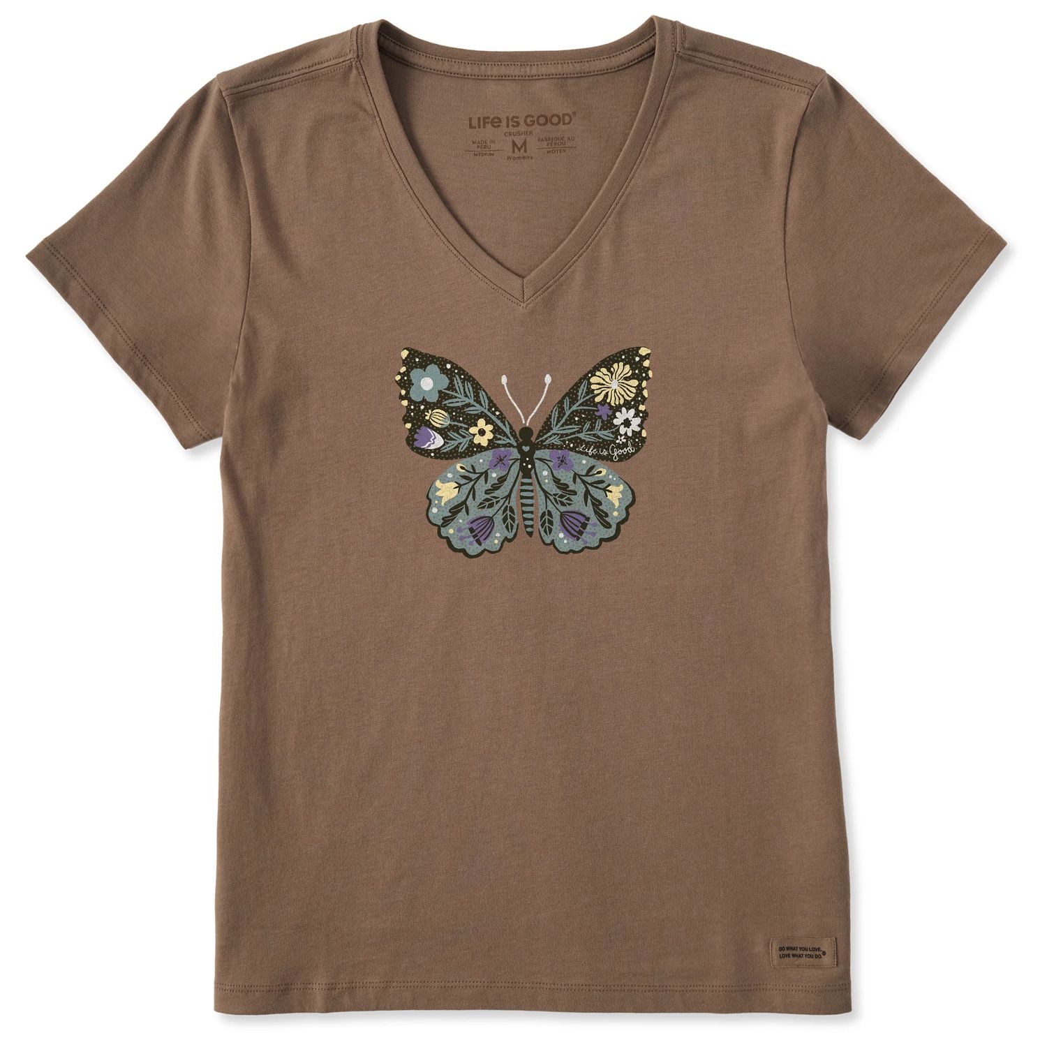 Women&#39;s Life Is Good Floral Butterfly Short Sleeve Vee Neck Tee Shirt