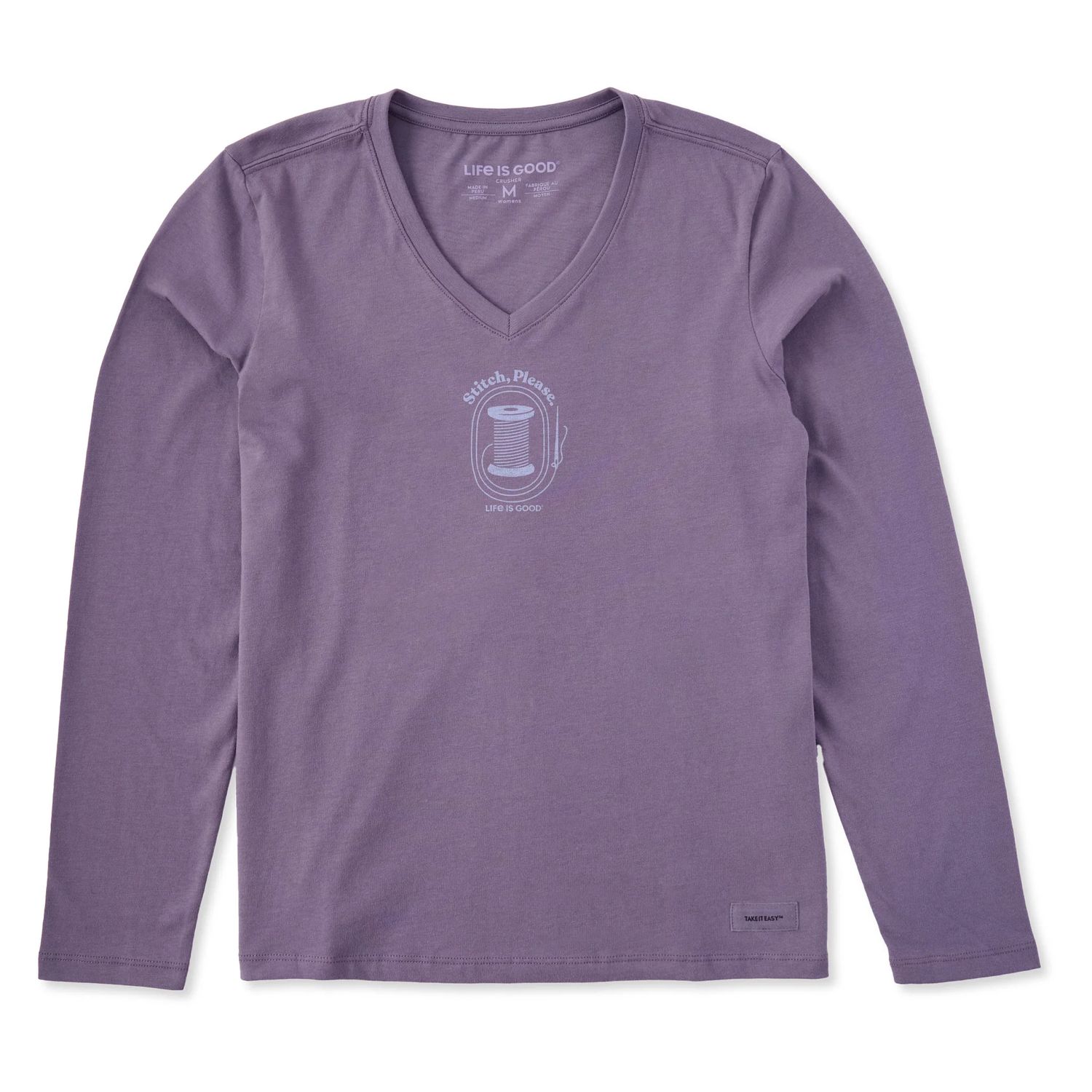 Women&#39;s Stitch, Please Long Sleeve Vee Neck Tee Shirt, Color: Dusk Purple, Size: Medium