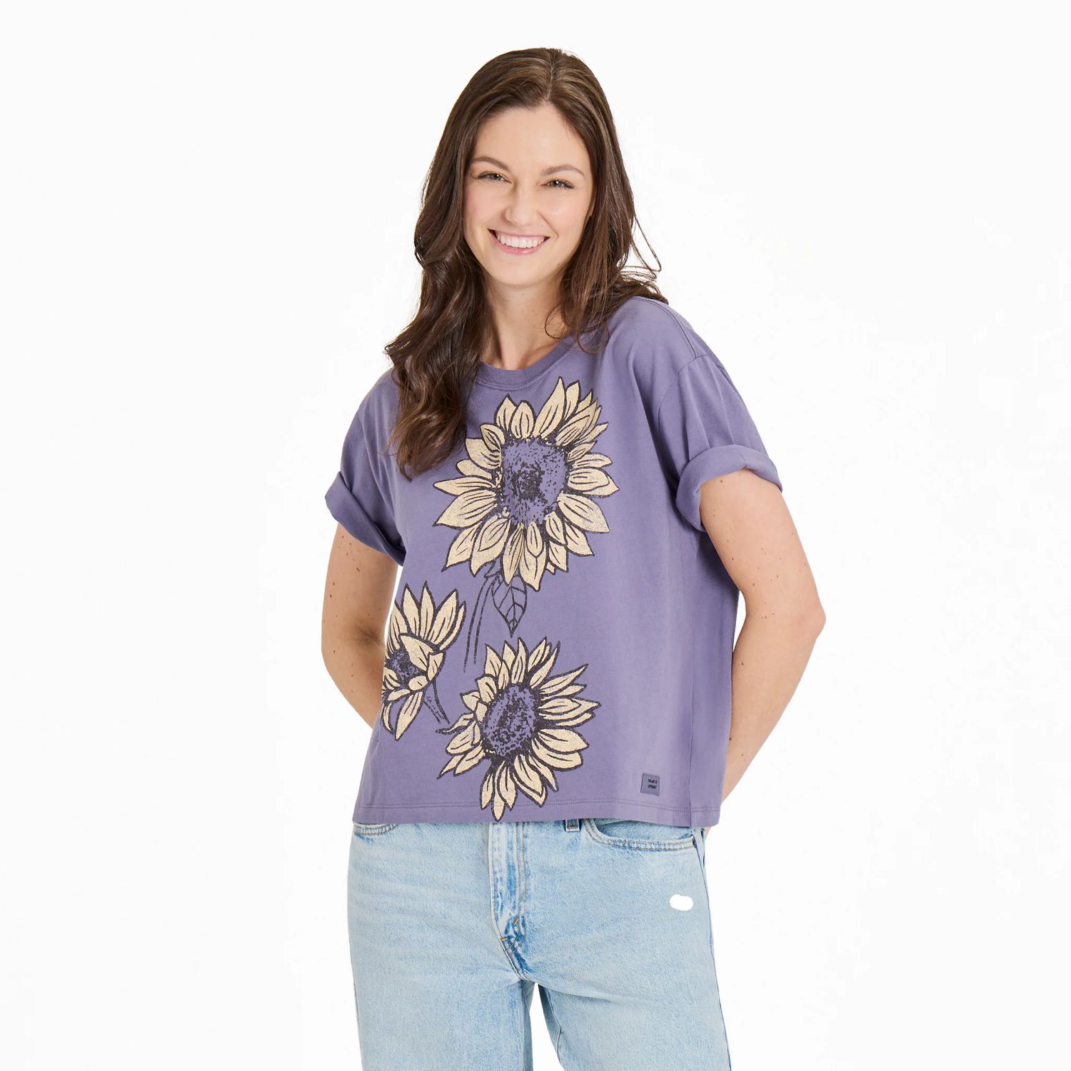 Women&#39;s Linear Sunflower Trio Short Sleeve Boxy Tee Shirt, Color: Dusk Purple, Size: Small