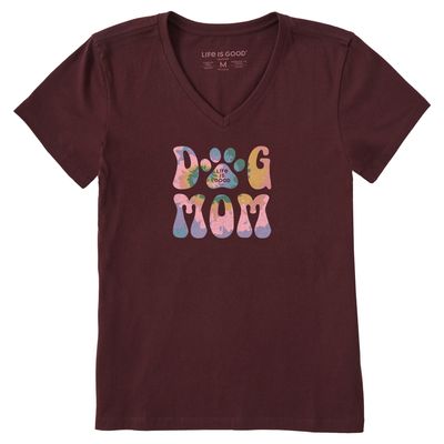 Women&#39;s Tie Dye Dog Mom Short Sleeve Vee Neck Tee Shirt