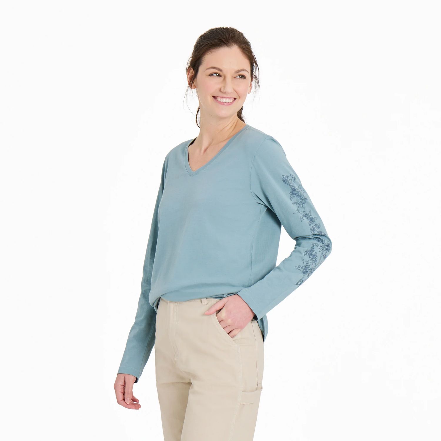 Women&#39;s Blossom Branches Long Sleeve Vee Neck Tee Shirt, Color: Smoky Blue, Size: Medium