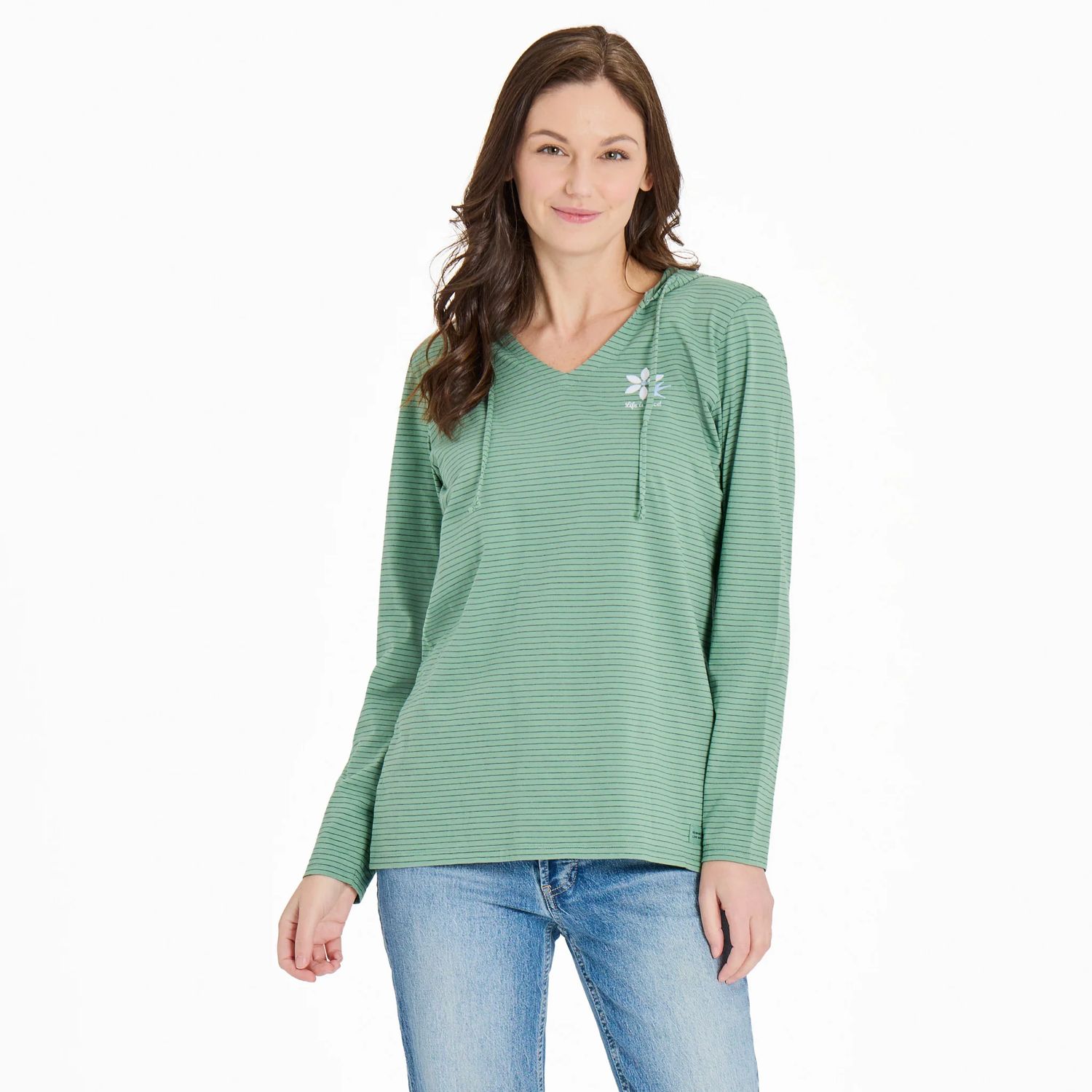 Women&#39;s Hummingbird Flower Long Sleeve Stiped Hooded Tee Shirt, Color: Granite Green, Size: Medium
