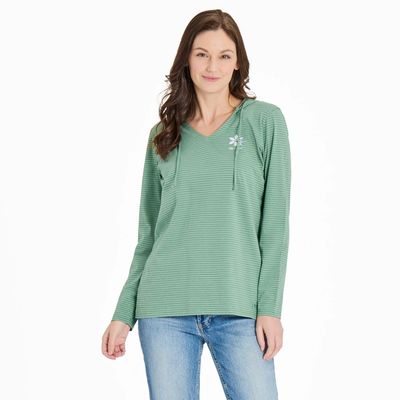 Women&#39;s Hummingbird Flower Long Sleeve Stiped Hooded Tee Shirt