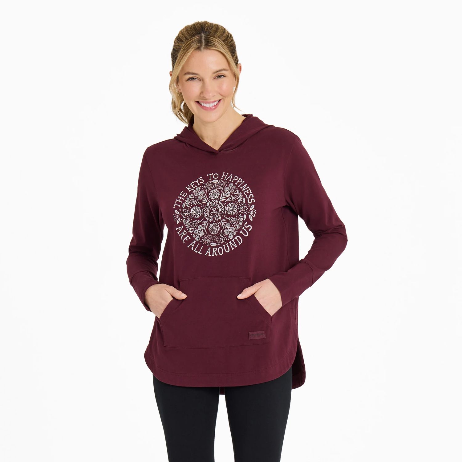 Women&#39;s Keys To Happiness Flowers Hoodie Tunic, Color: Deep Burgundy, Size: Small