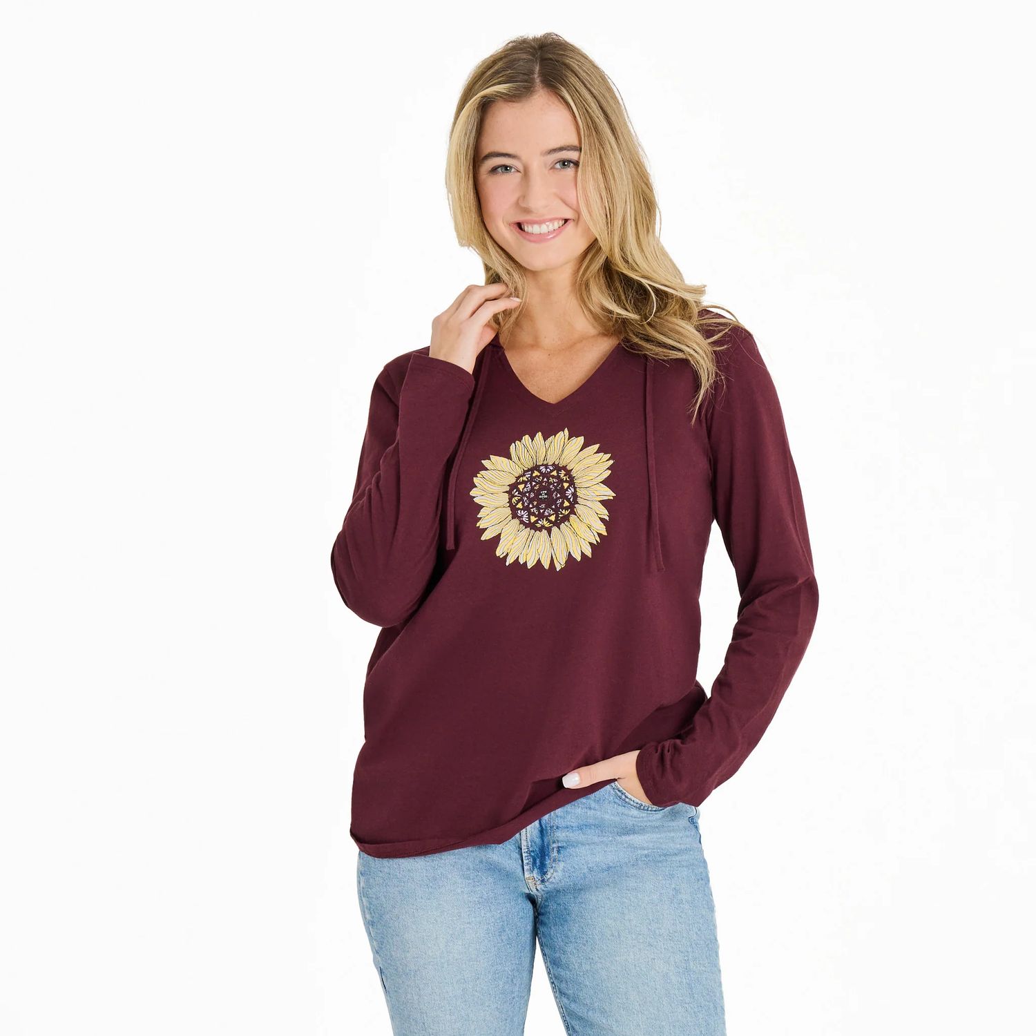 Women&#39;s Detailed Sunflower Long Sleeve Hooded Tee Shirt, Color: Deep Burgundy, Size: Small